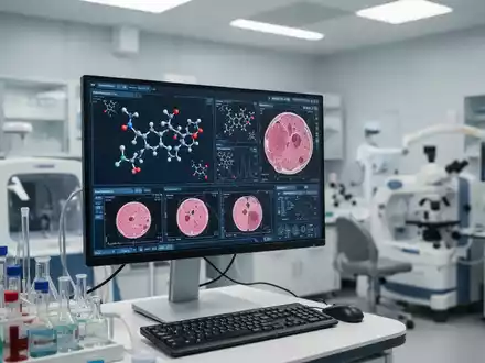 Ein hochmoderner medizinischer Forschungsraum mit digitalen Bildschirmen zur molekularen Analyse onkologischer Daten. - Foto: über boerse-global.de
