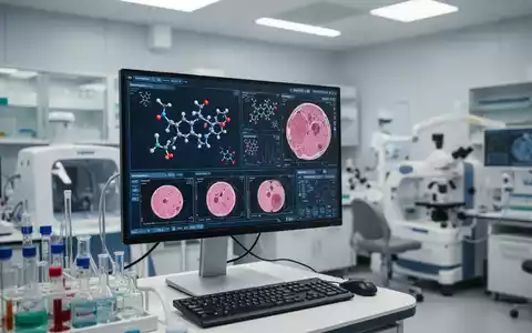 Ein hochmoderner medizinischer Forschungsraum mit digitalen Bildschirmen zur molekularen Analyse onkologischer Daten. - Foto: über boerse-global.de