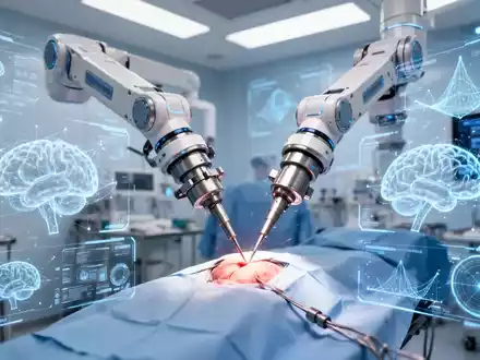 Ein hochmoderner chirurgischer Roboterarm in einer sterilen Klinik mit digitalen Daten-Overlays zur KI-gestützten Simulation. - Foto: über boerse-global.de