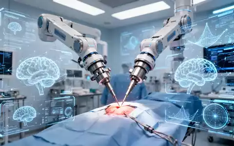 Ein hochmoderner chirurgischer Roboterarm in einer sterilen Klinik mit digitalen Daten-Overlays zur KI-gestützten Simulation. - Foto: über boerse-global.de