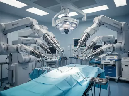Ein hochmodernes robotergestütztes Chirurgiesystem in einem sterilen Operationssaal für onkologische Eingriffe. - Foto: über boerse-global.de