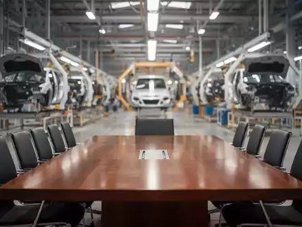 Moderner Konferenzraum in einer Industrieanlage mit verschwommener Produktionslinie im Hintergrund. - Foto: über boerse-global.de