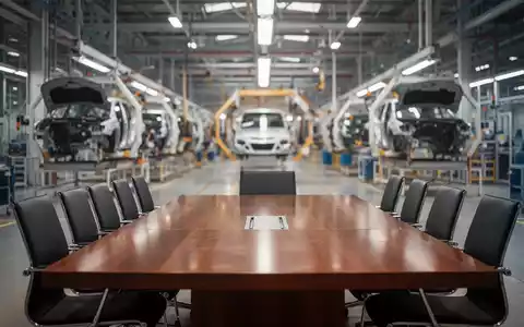 Moderner Konferenzraum in einer Industrieanlage mit verschwommener Produktionslinie im Hintergrund. - Foto: über boerse-global.de