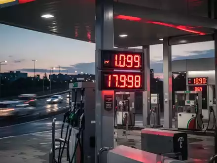 Digitalanzeige einer Tankstelle mit hohen Kraftstoffpreisen bei Dämmerung - Foto: über boerse-global.de