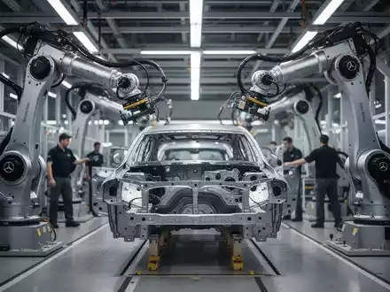 Moderne Montagelinie in einem Mercedes-Benz Werk mit Industrie-Robotern und verschwommenen Umrissen von Mitarbeitern. - Foto: über boerse-global.de