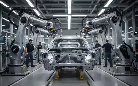 Moderne Montagelinie in einem Mercedes-Benz Werk mit Industrie-Robotern und verschwommenen Umrissen von Mitarbeitern. - Foto: über boerse-global.de