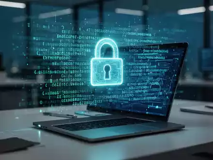 Digitale holografische Sicherheitssymbole und kryptografischer Code über einem Laptop-Bildschirm in einem modernen Büro. - Foto: über boerse-global.de