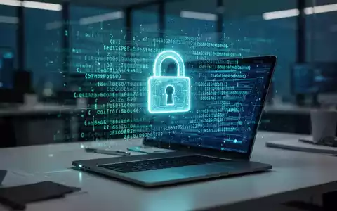 Digitale holografische Sicherheitssymbole und kryptografischer Code über einem Laptop-Bildschirm in einem modernen Büro. - Foto: über boerse-global.de