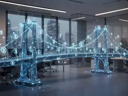 Abstrakte Darstellung einer digitalen Brücke mit Blockchain-Netzwerkknoten zur Symbolisierung der Tokenisierung. - Foto: über boerse-global.de