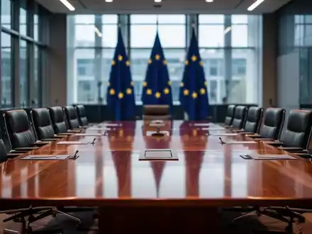Moderner Konferenztisch in einem EU-Sitzungssaal mit verschwommenen Flaggen im Hintergrund. - Foto: über boerse-global.de
