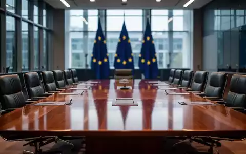 Moderner Konferenztisch in einem EU-Sitzungssaal mit verschwommenen Flaggen im Hintergrund. - Foto: über boerse-global.de