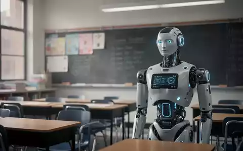 Ein humanoider Roboter steht in einem modernen Schulklassenzimmer und symbolisiert die Pause eines KI-Pilotprojekts. - Foto: über boerse-global.de