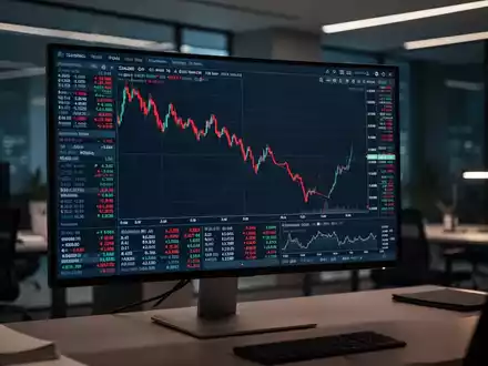 Aktienkursverlauf mit einem steilen Abwärtstrend auf einem modernen Computerbildschirm in einem Büro. - Foto: über boerse-global.de