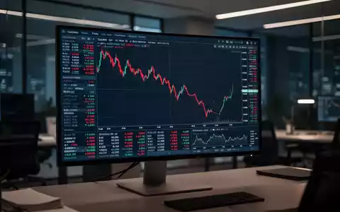 Aktienkursverlauf mit einem steilen Abwärtstrend auf einem modernen Computerbildschirm in einem Büro. - Foto: über boerse-global.de