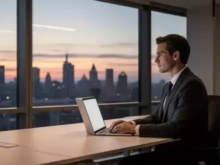 Ein fokussierter Berufstätiger an einem modernen Schreibtisch bei Sonnenuntergang, der die Konzentration im Arbeitsalltag symbolisiert. - Foto: über boerse-global.de