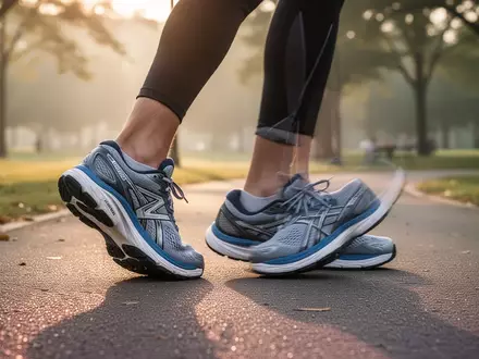 Person in hochwertigen Laufschuhen steht bereit für ein moderates Lauftraining im Park bei Morgenlicht. - Foto: über boerse-global.de