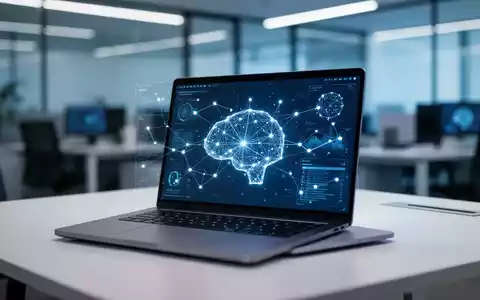 Moderner Tech-Büroarbeitsplatz mit Laptop, der eine abstrakte KI-Datenschnittstelle zeigt. - Foto: über boerse-global.de