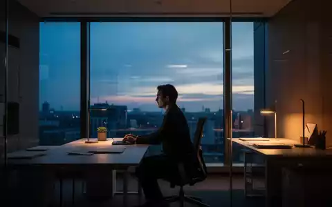 Eine Person sitzt nachdenklich an einem Schreibtisch in einem modern beleuchteten Büro bei Dämmerung. - Foto: über boerse-global.de