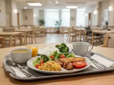Ein gesund angerichtetes Mittagessen auf einem Tablett in einem hellen, modern gestalteten Speisesaal einer Pflegeeinrichtung. - Foto: über boerse-global.de