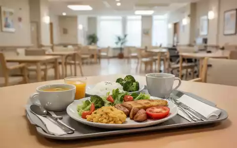 Ein gesund angerichtetes Mittagessen auf einem Tablett in einem hellen, modern gestalteten Speisesaal einer Pflegeeinrichtung. - Foto: über boerse-global.de