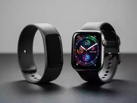 Ein minimalistischer Fitness-Tracker und eine moderne Smartwatch nebeneinander auf einer dunklen Oberfläche. - Foto: über boerse-global.de