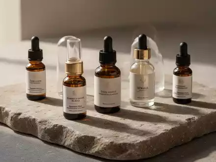 Hochwertige Fläschchen mit ätherischen Ölen auf einem minimalistischen Steinhintergrund für ein Wellness-Thema. - Foto: über boerse-global.de
