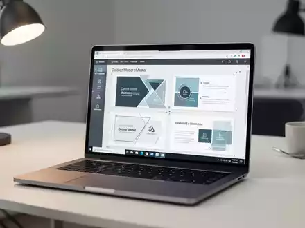 Ein Laptop-Bildschirm mit professionellen PowerPoint-Folienmaster-Design-Tools in einem modernen, minimalistischen Büro. - Foto: über boerse-global.de