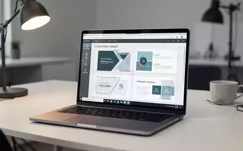 Ein Laptop-Bildschirm mit professionellen PowerPoint-Folienmaster-Design-Tools in einem modernen, minimalistischen Büro. - Foto: über boerse-global.de