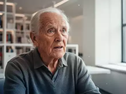Eine ältere Person mit wachem Ausdruck in einer modernen Bibliothek, die geistige Vitalität im Alter symbolisiert. - Foto: über boerse-global.de