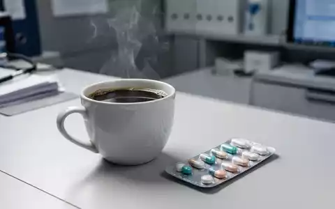 Eine Tasse Kaffee neben einer Blisterpackung mit Blutdruckmedikamenten auf einem modernen Schreibtisch. - Foto: über boerse-global.de