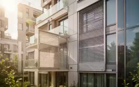 Moderne Gebäudefassade mit außenliegendem Sonnenschutz an einem sonnigen Sommertag. - Foto: über boerse-global.de