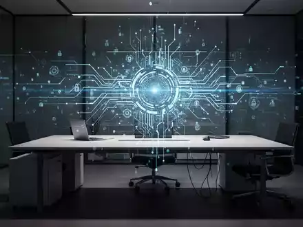 Ein moderner, minimalistischer Büroarbeitsplatz mit digitaler KI-Visualisierung als Symbol für den Wandel der Arbeitswelt. - Foto: über boerse-global.de