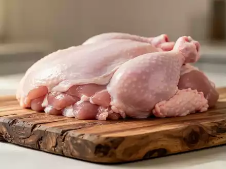 Rohes Hühnerfleisch auf einem Holzbrett als Symbol für die Analyse der Nährstoffqualität bei verschiedenen Haltungsformen. - Foto: über boerse-global.de