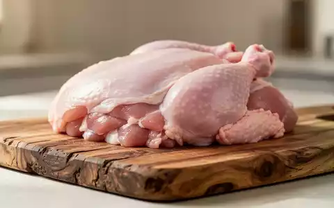 Rohes Hühnerfleisch auf einem Holzbrett als Symbol für die Analyse der Nährstoffqualität bei verschiedenen Haltungsformen. - Foto: über boerse-global.de