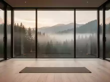 Minimalistischer Meditationsraum mit Blick auf einen nebligen Wald, der Ruhe und achtsame Erholung symbolisiert. - Foto: über boerse-global.de