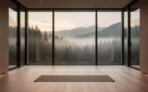 Minimalistischer Meditationsraum mit Blick auf einen nebligen Wald, der Ruhe und achtsame Erholung symbolisiert. - Foto: über boerse-global.de