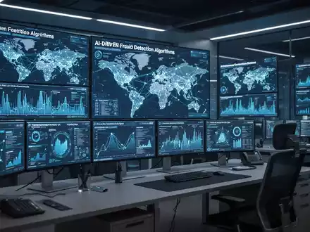 Modernes digitales Kommandozentrum für Finanzsicherheit mit leuchtenden Datenvisualisierungsbildschirmen und KI-Analysen. - Foto: über boerse-global.de