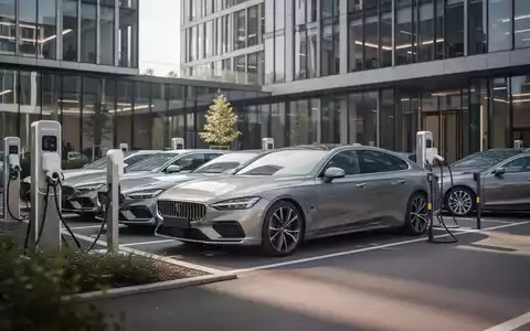 Ein moderner Firmenparkplatz mit Ladestationen für Elektroautos vor einem Bürogebäude. - Foto: über boerse-global.de