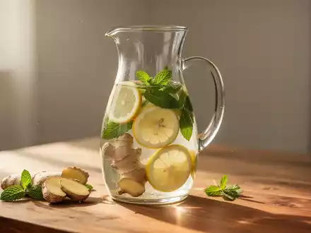 Ein Glas mit gesundem Infused Water, das Ingwer, Zitronen und Minze enthält, auf einem Holztisch bei natürlichem Licht. - Foto: über boerse-global.de