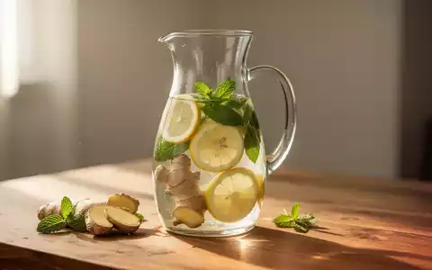 Ein Glas mit gesundem Infused Water, das Ingwer, Zitronen und Minze enthält, auf einem Holztisch bei natürlichem Licht. - Foto: über boerse-global.de
