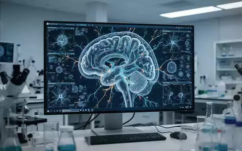 Digitale 3D-Visualisierung neuronaler Netzwerke im menschlichen Hippocampus auf einem wissenschaftlichen Monitor. - Foto: über boerse-global.de