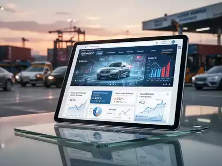 Digitales Tablet mit einer Automobilhandelsplattform in einem modernen Logistikzentrum bei Sonnenuntergang. - Foto: über boerse-global.de
