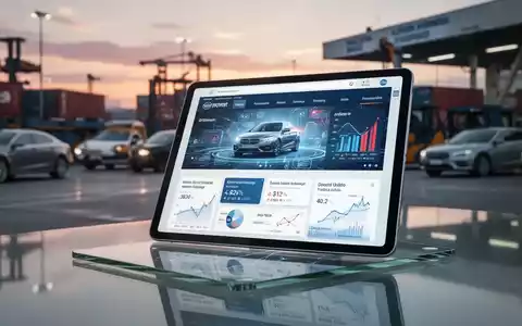 Digitales Tablet mit einer Automobilhandelsplattform in einem modernen Logistikzentrum bei Sonnenuntergang. - Foto: über boerse-global.de