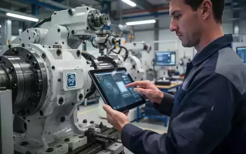 Techniker scannt einen NFC-Tag an einer Maschine mit einem Tablet zur digitalen Dokumentation der UVV-Prüfung. - Foto: über boerse-global.de