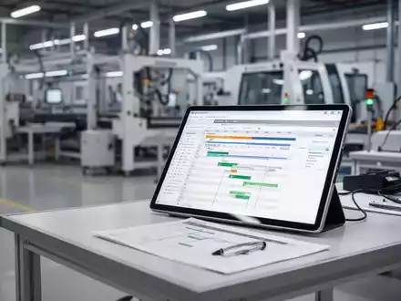 Moderne Fertigungsstation mit Tablet, das digitale Produktionsplanung und Gantt-Diagramm-Software anzeigt. - Foto: über boerse-global.de