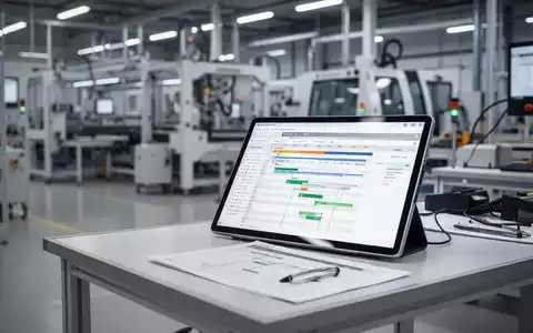 Moderne Fertigungsstation mit Tablet, das digitale Produktionsplanung und Gantt-Diagramm-Software anzeigt. - Foto: über boerse-global.de