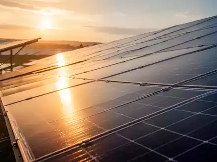 Moderne Solarpark-Anlage bei Sonnenuntergang als Symbol für die Energiebranche - Foto: über boerse-global.de