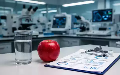 Ein Glas Wasser und ein Apfel neben einem medizinischen Klemmbrett symbolisieren Prävention und Gesundheitspolitik. - Foto: über boerse-global.de
