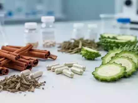 Verschiedene Nahrungsergänzungsmittel und natürliche Inhaltsstoffe wie Zimt auf einem Labortisch. - Foto: über boerse-global.de