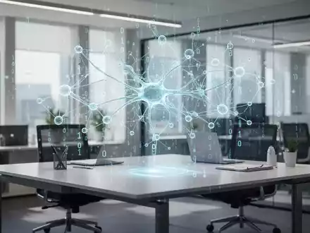 Modernes Büro mit digitalen KI-Visualisierungen und binärem Code, die über einem Schreibtisch schweben. - Foto: über boerse-global.de